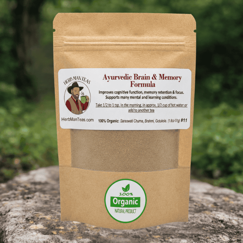 Kraft paper package of Ayurvedic Brain & Memory Formula tea on a natural background. BRAIN & MEMORY FORMULA - Herb Man Teas